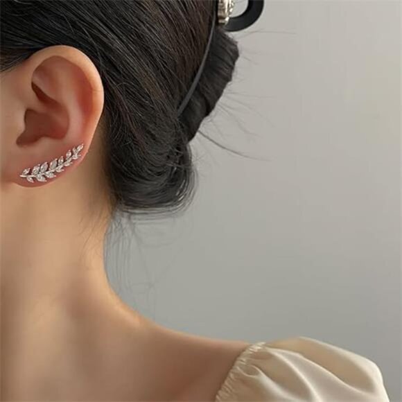 Elegant Leaf Earrings | Zirconia Crawler & Climber Style | Gold or Silver - Picture 4 of 5